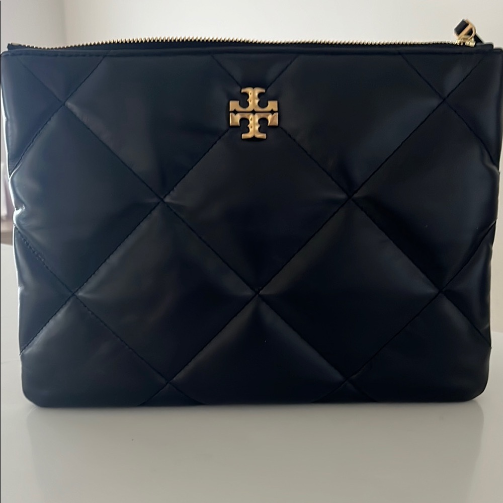 Tory Burch Black Quilted Pouch with Gold Emblem. Kira diamond quilt pouch
